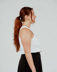 Brklyn Park woman’s ribbed white crop top and gray lounge pants set – minimalist neutral streetwear womens supreme streetwear model with wavy red hair
